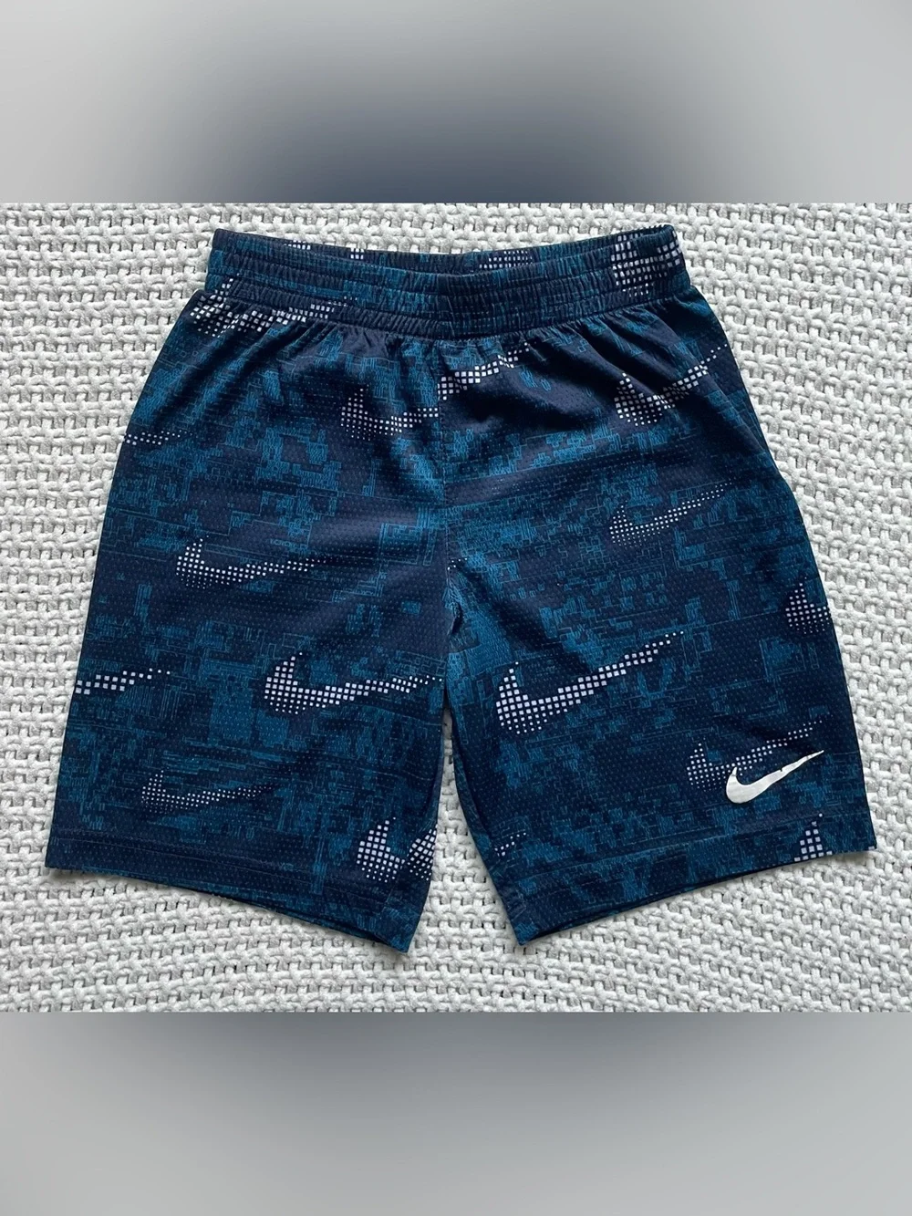 Nike Gray Tee with Blue Pixel Swoosh & Navy Patterned Shorts